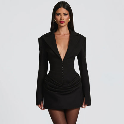 Sexy Plunge V Neck Blazer Dress Long Sleeve Ruched Mini