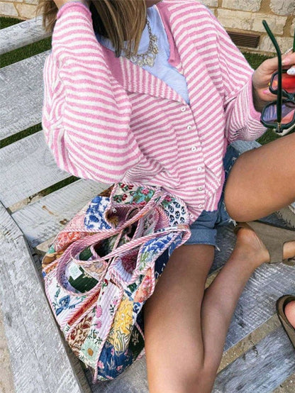 Women's Streetwear Striped Knit Button Cardigan Sweater