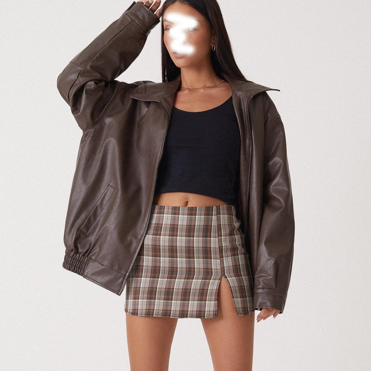Women's Oversized Faux Leather Moto Jacket Zip Up
