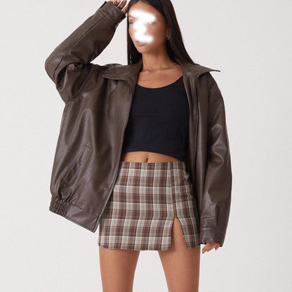 Women's Oversized Faux Leather Moto Jacket Zip Up