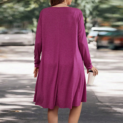 Women's  Autumn and Winter Long Sleeve Round Neck Loose Casual Solid Color Pocket Dresses