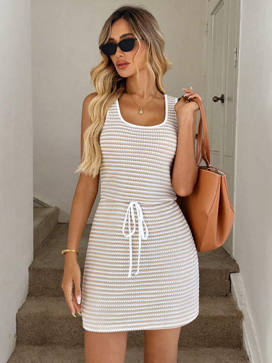Striped Knit Tank Dress Drawstring Waist Summer Mini Dress