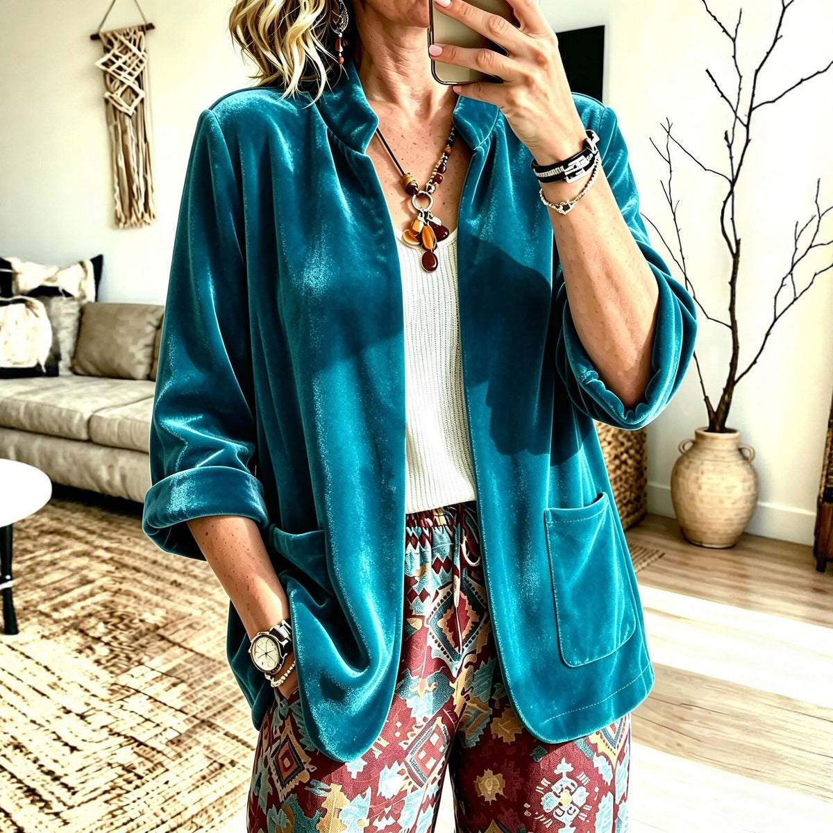 Women's Velvet Blazer Open Front Long Sleeve Pockets