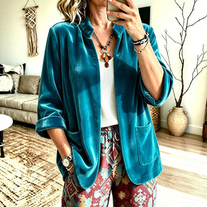 Women's Velvet Blazer Open Front Long Sleeve Pockets