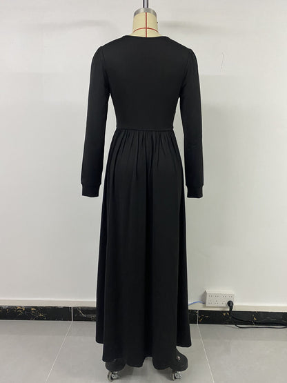 Lace V-Neck Long Sleeve Slit A-Line Maxi Dress