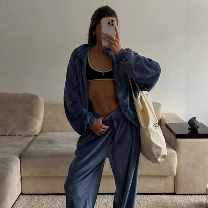 Women's Velvet Zip Up Jacket Wide Leg Pants Matching Set