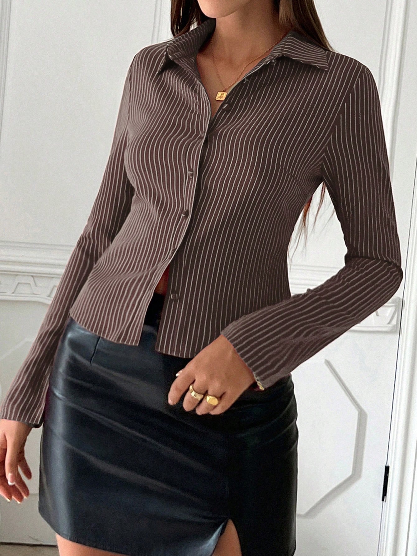 Striped V Neck Button Down Fitted Shirt Blouse for Women