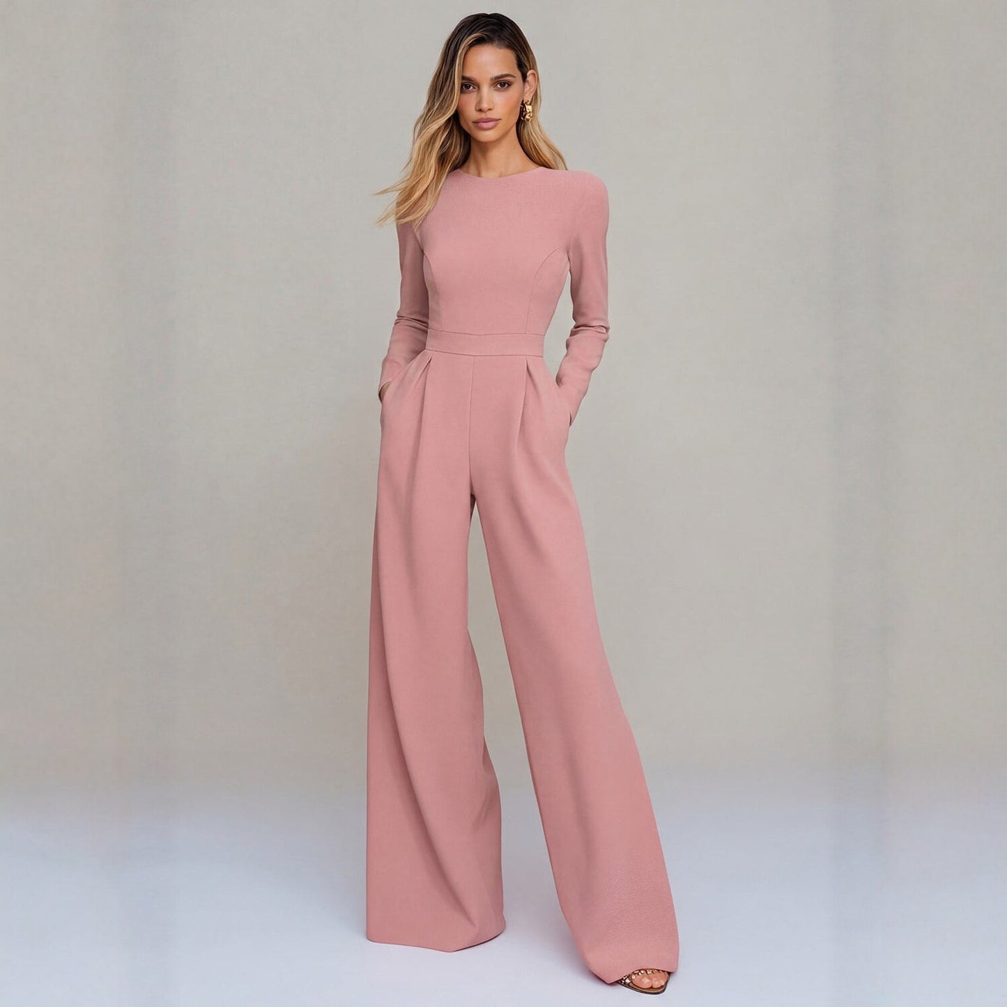Women's Long Sleeve Wide Leg Jumpsuit Business Casual