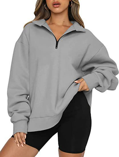 Plus Size Women's Half Zip Sweatshirt Fleece Stand-Up Collar Long Sleeve Oversized Stand-Up Collar Autumn and Winter Warm Sweatshirts Tops