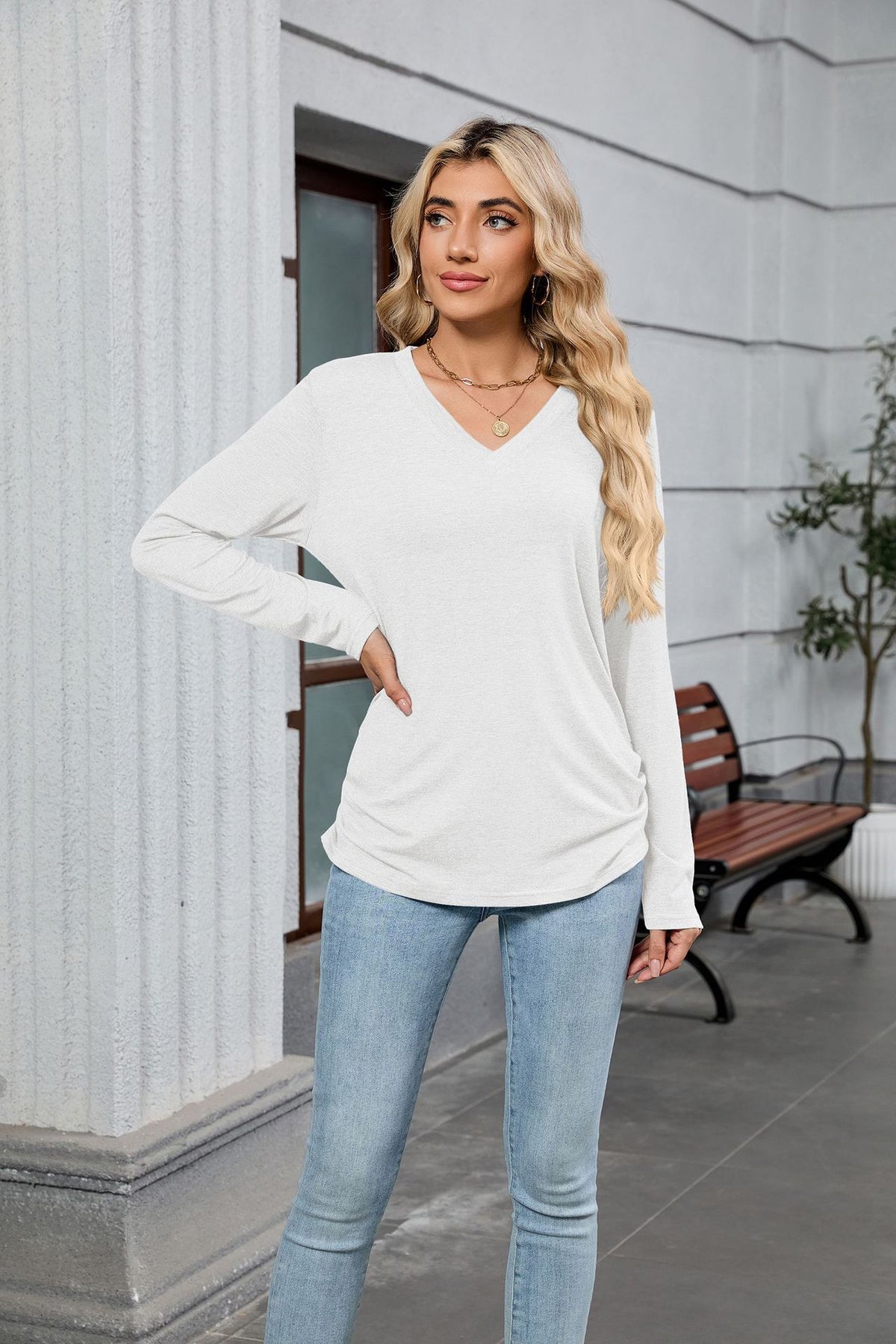 Women's V-Neck Long Sleeve Oversized Tunic Top Shirred