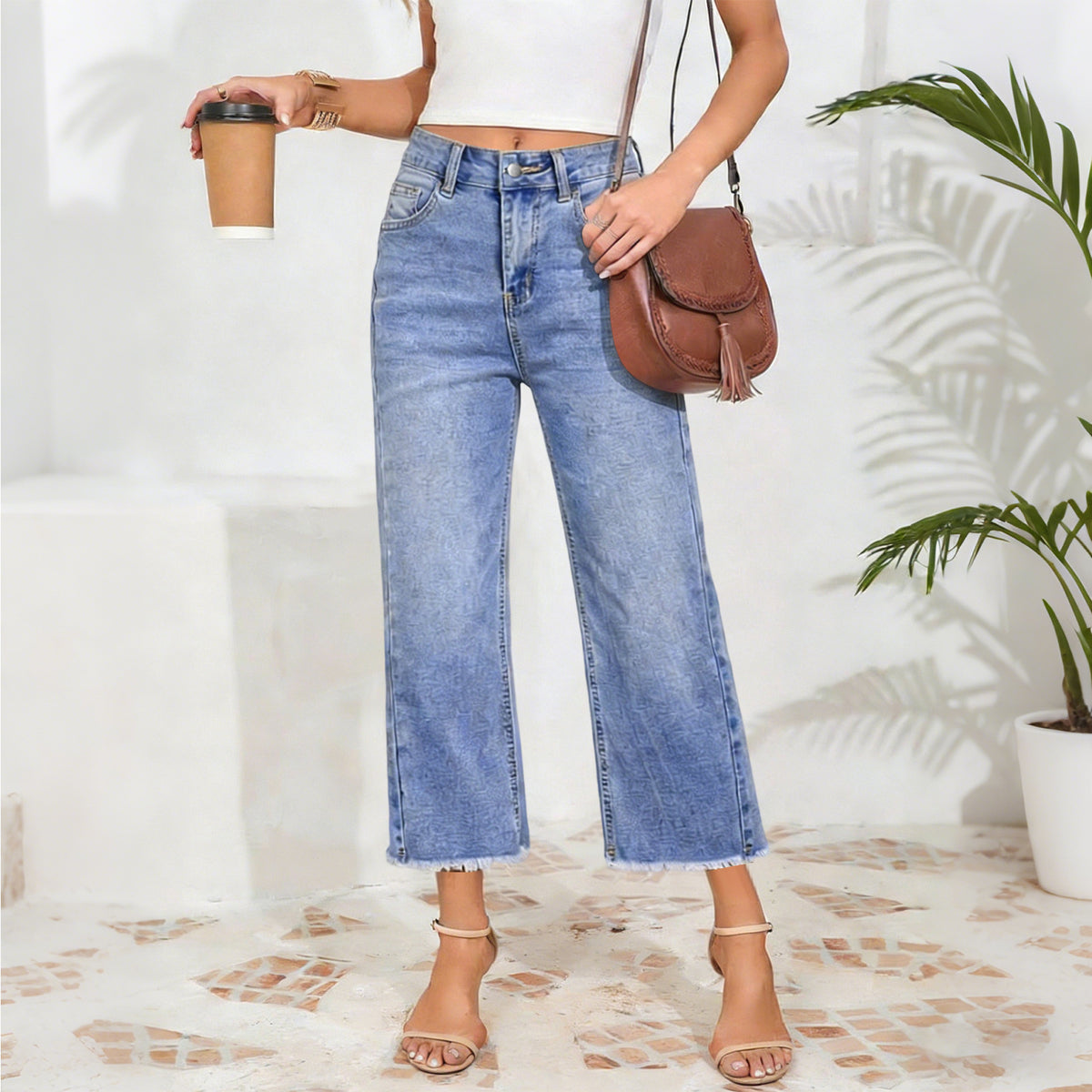 Women's High Waist Vintage Wash Stretch Cropped Jeans