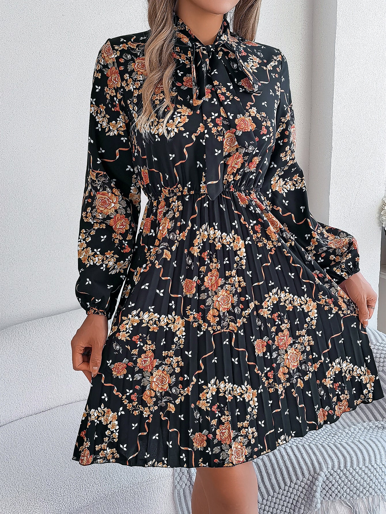 Floral Tie Neck Long Sleeve Pleated Midi Dress