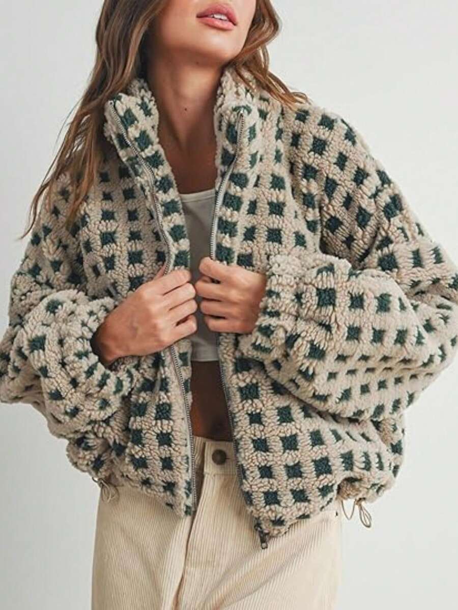 Women's Oversized Checkered Sherpa Fleece Jacket