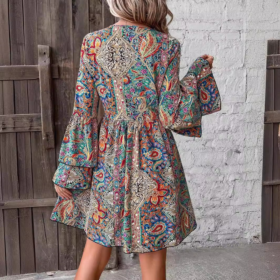 Boho Floral V Neck Flare Sleeve Wrap Dress