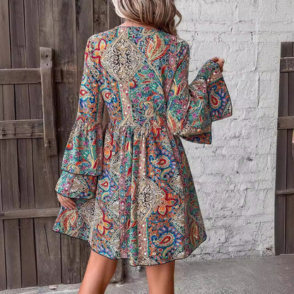 Boho Floral V Neck Flare Sleeve Wrap Dress