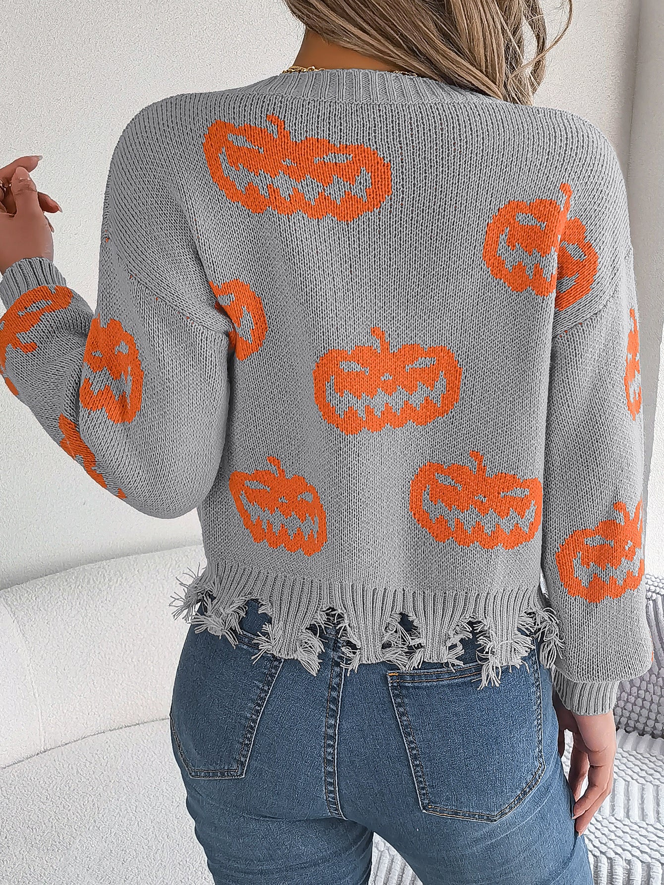 Halloween Pumpkin Knit Sweater with Frayed Hem