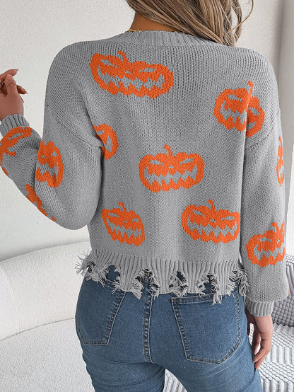 Halloween Pumpkin Knit Sweater with Frayed Hem
