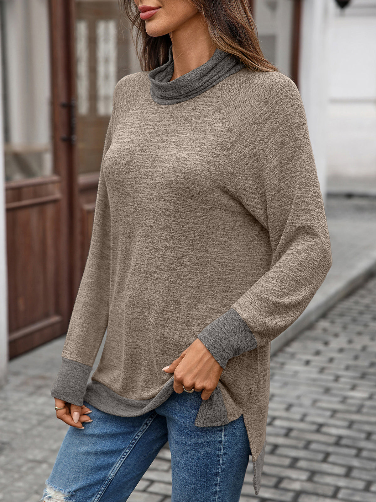 Women's Color Block Cowl Neck Long Sleeve Tunic Top