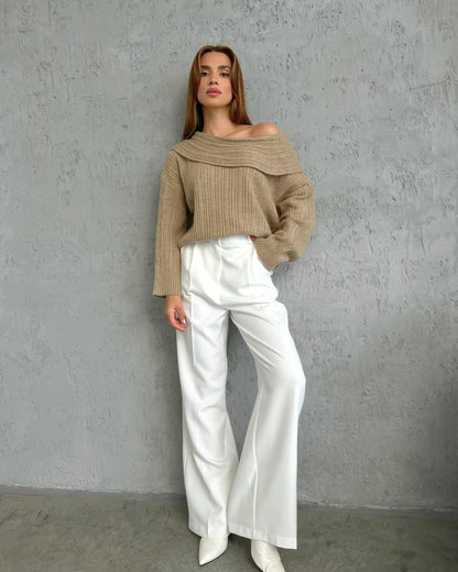 Womens Off Shoulder Bell Sleeve Sweater Oversized Knit Top