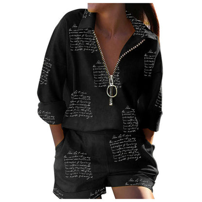 Women's Boho Printed Zip Up Top and Shorts Set