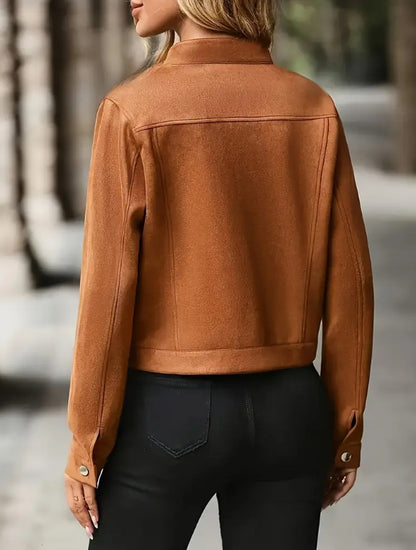 Women's Faux Suede Cropped Jacket Button Front Lapel