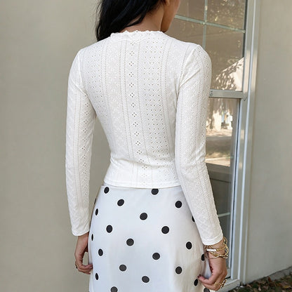 Tie Front Lace V-Neck Fitted Long Sleeve Top
