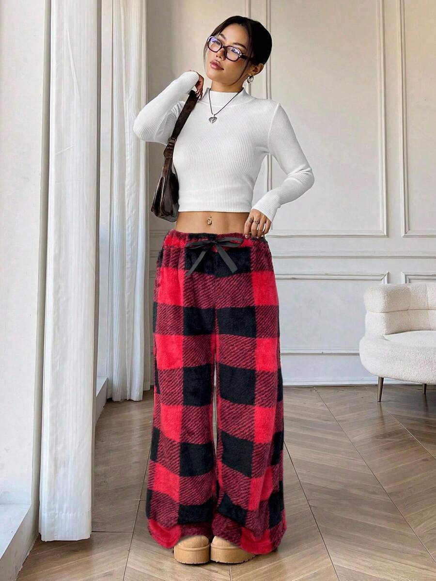 Women's Fuzzy Plaid Wide Leg Pants Drawstring Elastic Waist