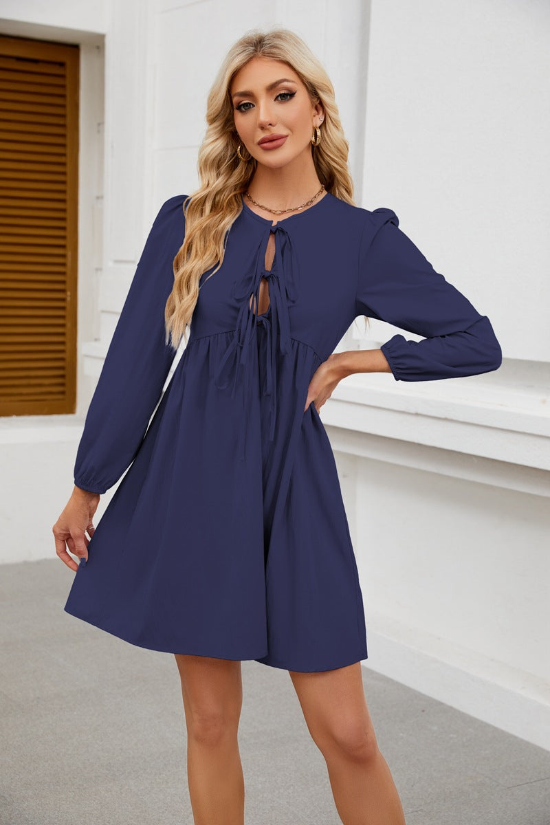 Bow Tie Long Sleeve Babydoll Dress with A-Line Silhouette