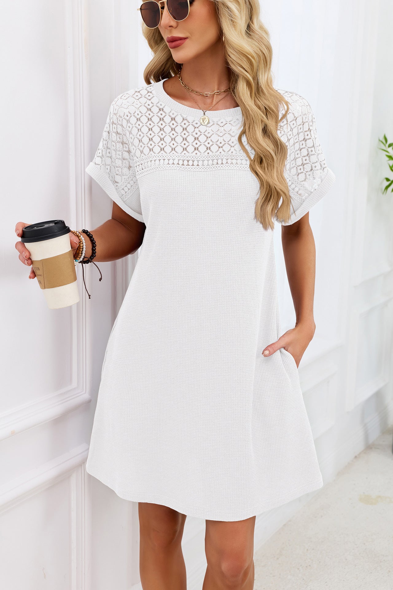Blue Gray Yoke Loose T Shirt Dress Crew Neck