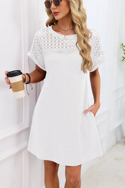 Blue Gray Yoke Loose T Shirt Dress Crew Neck