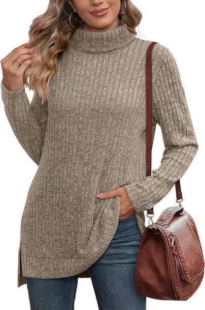 Oversized Ribbed Turtleneck Tunic Top Side Split