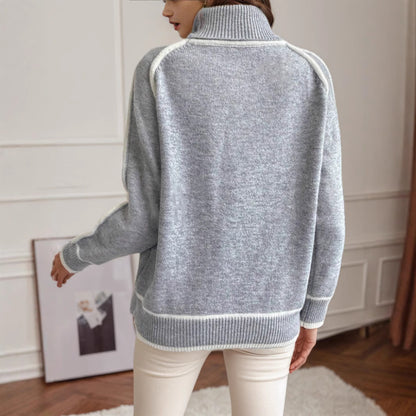 Oversized Contrast Trim Turtleneck Sweater Raglan Sleeve