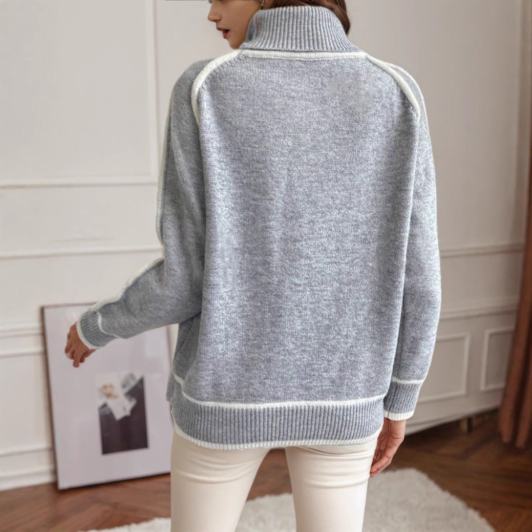 Women's Oversized Turtleneck Sweater Contrast Trim Raglan