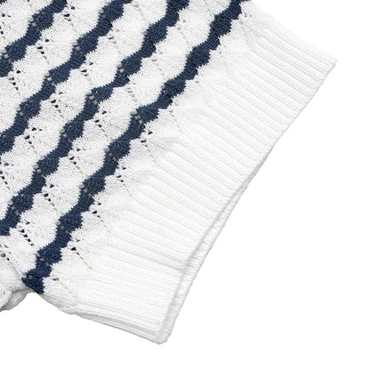 Women's Navy Striped Knit Henley Top Short Sleeve Loose