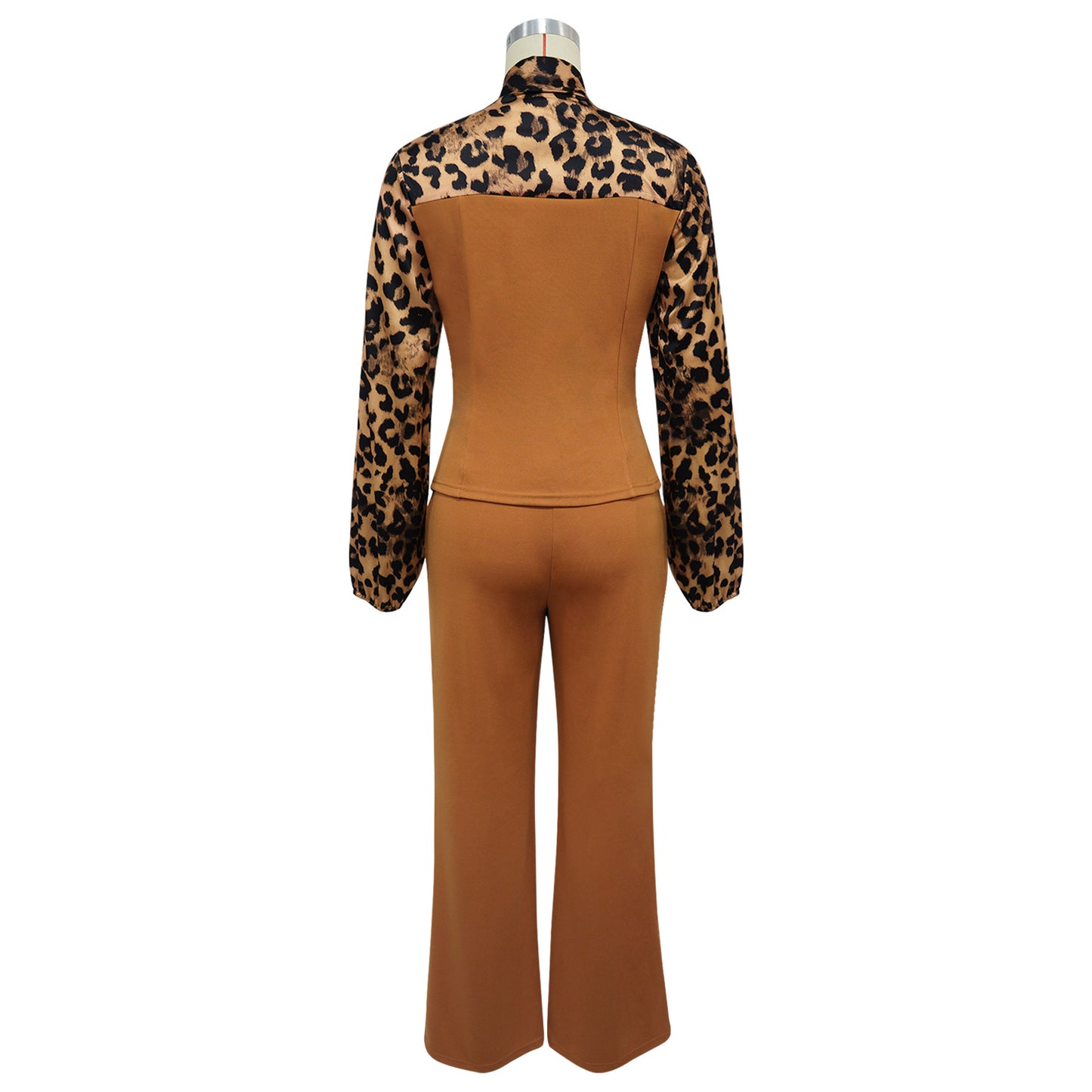 Leopard Print Tie Neck Blouse & Wide Leg Pants Set