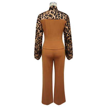 Leopard Print Tie Neck Blouse & Wide Leg Pants Set