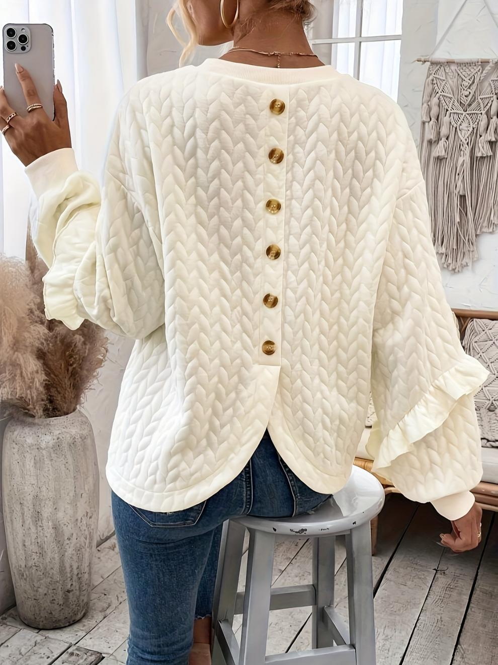 Textured Wheat Embossed Ruffle Sleeve Sweatshirt