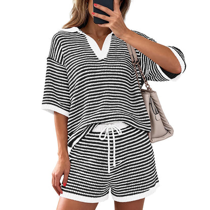 Pink Stripe Knit Lounge Set V Neck Top Shorts Set
