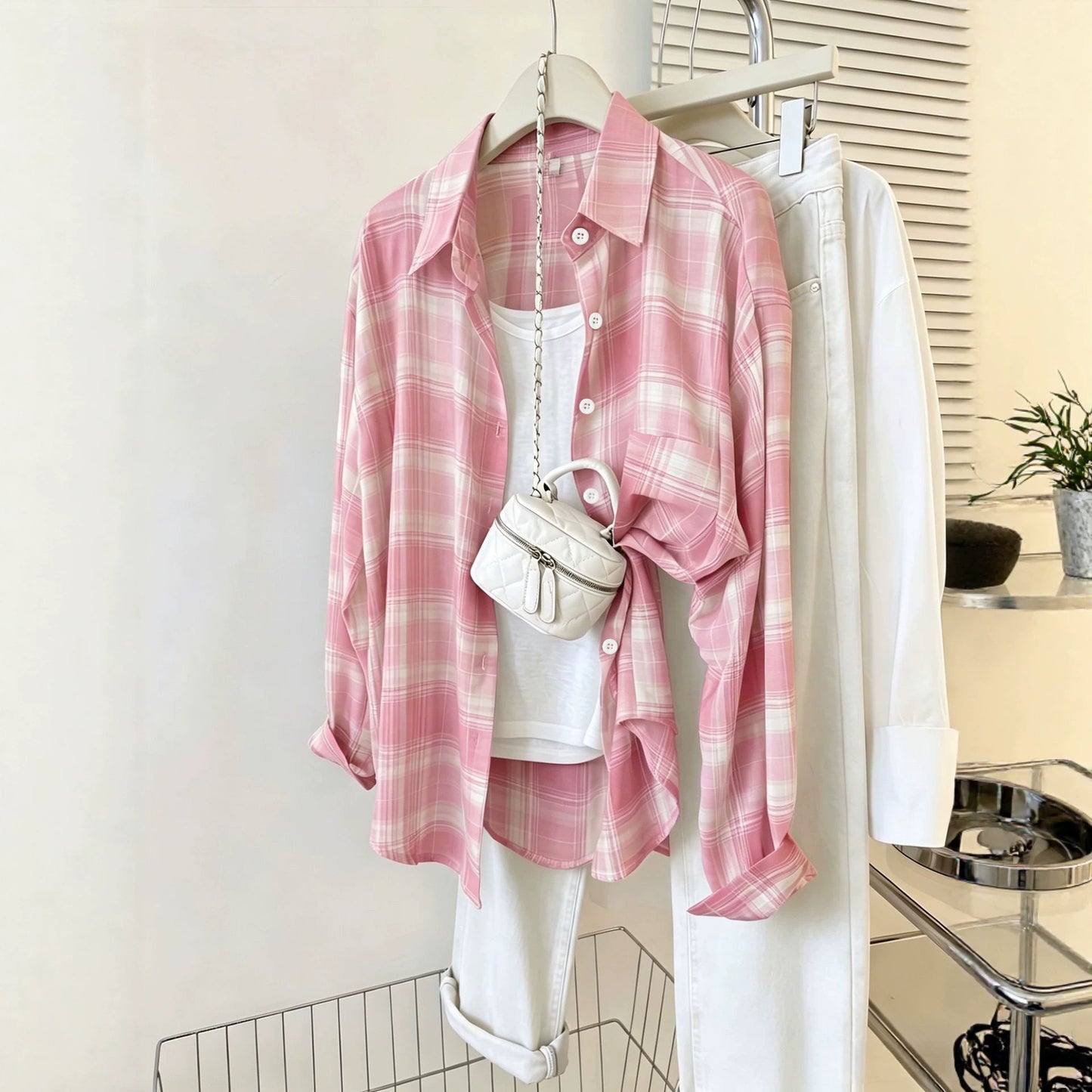 Women's Oversized Sheer Plaid Shirt Lightweight Long Sleeve