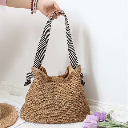 Striped Strap Straw Shoulder Bag Beach Tote for Women