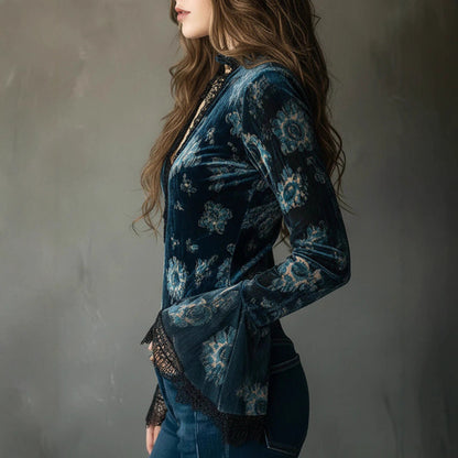 Women's Velvet V-Neck Lace Bell Sleeve Floral Blouse