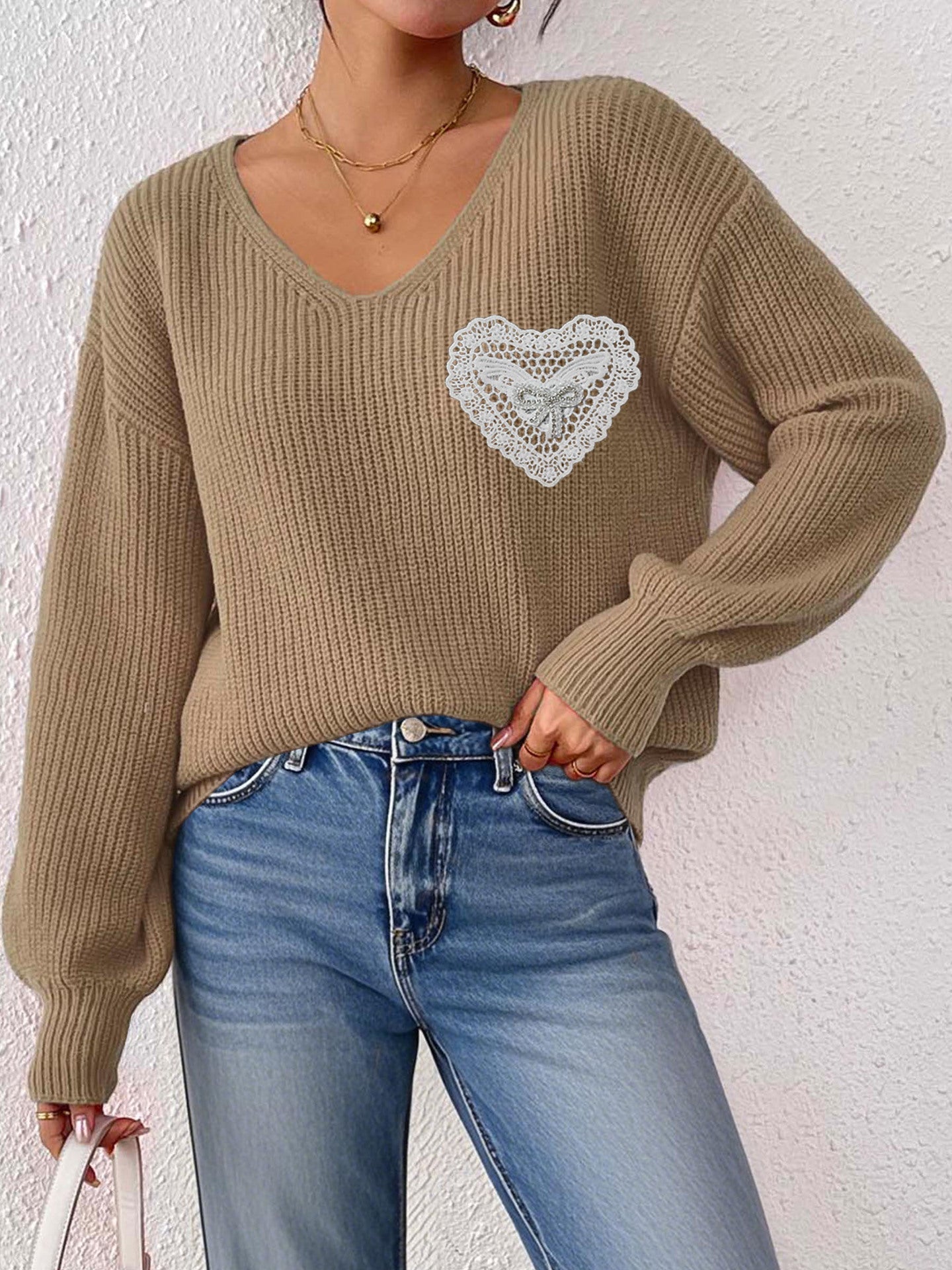 V Neck Knit Pullover Sweater with Lace Heart Detail