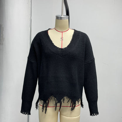 Women's Oversized V Neck Frayed Hem Knit Sweater