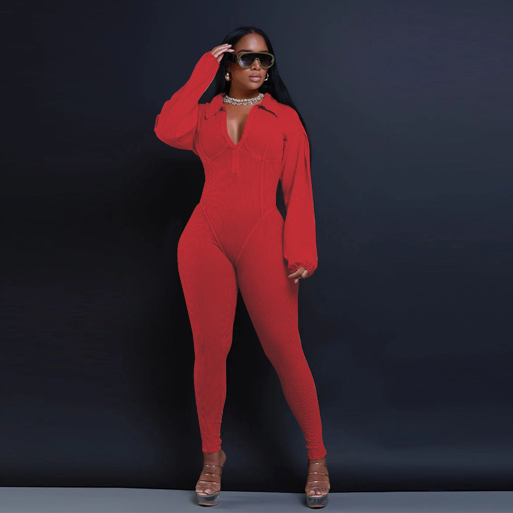 Sexy Ribbed Long Sleeve Zip Up Bodycon Jumpsuit