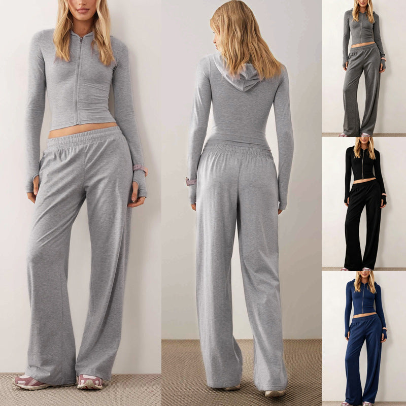 Women's Cropped Zip Hoodie & Wide Leg Pants Lounge Set
