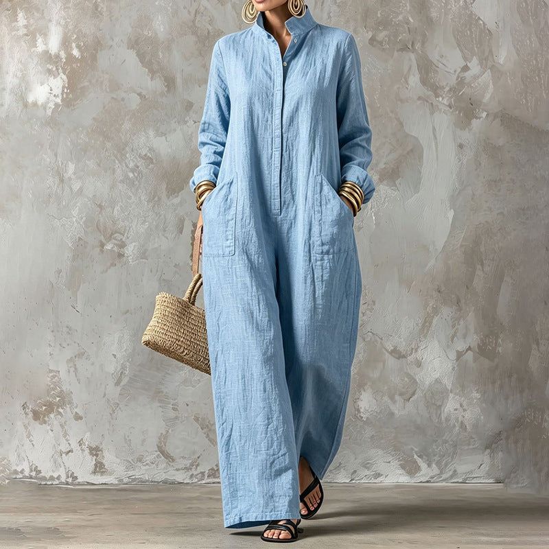 Women's Loose Button Front Wide Leg Long Sleeve Jumpsuit