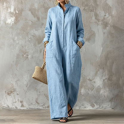Women's Loose Button Front Wide Leg Long Sleeve Jumpsuit