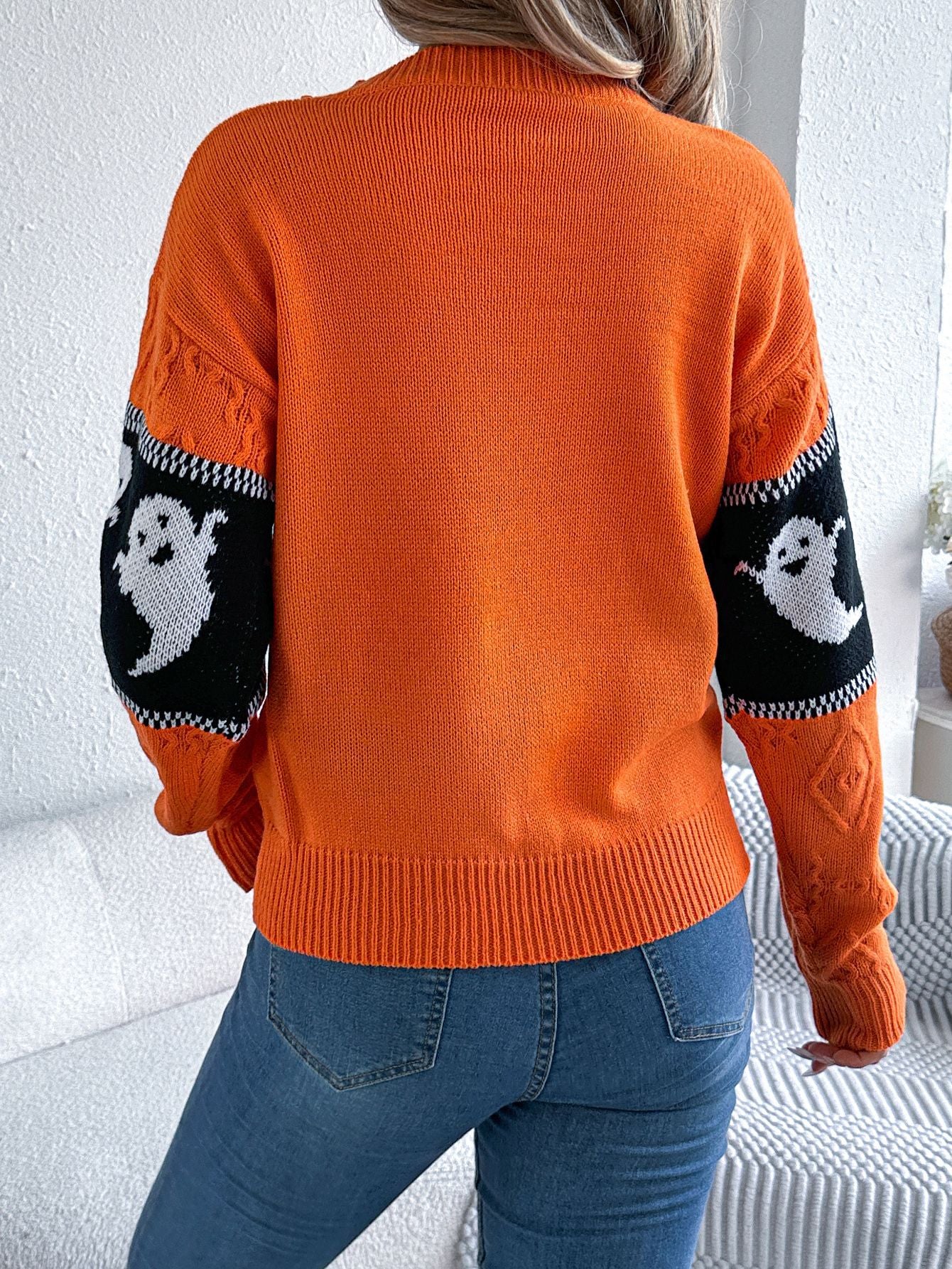 Ghost Print Colorblock Sweater - Halloween Fall Pullover