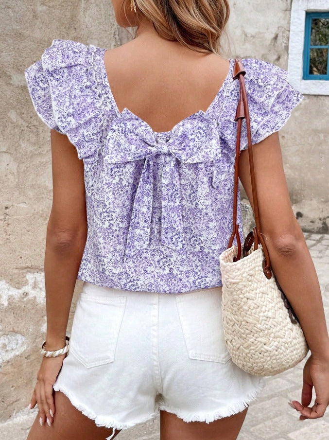 Floral Print Flutter Sleeve Blouse Square Neck Summer Top