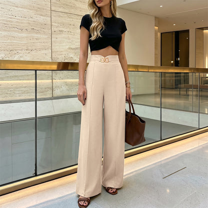 Solid High Waist Wide Leg Pants Buckle Dress Trousers